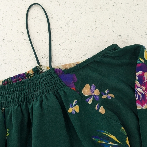 Maeve 100% Silk Green Floral Top Blouse Cold Shoulder Long Sleeve Flowy XS - Picture 6 of 10